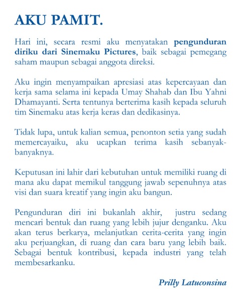 Surat Pengunduran Diri Prilly Latuconsina dari Sinemaku Pictures